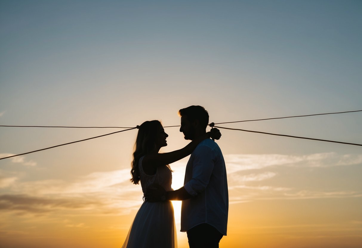 A couple's silhouettes embrace across a sunset horizon, connected by a string stretching between them