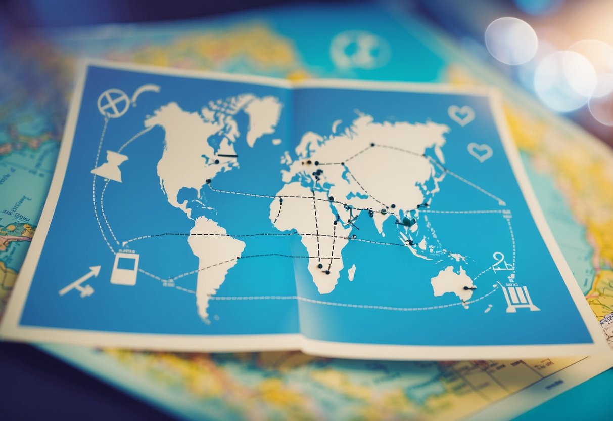 A map with two distant locations connected by a dotted line, surrounded by symbols of communication and love