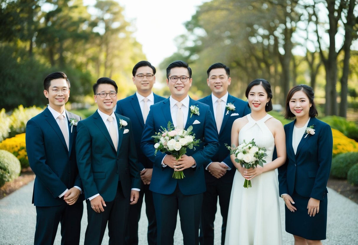 A group of formally dressed individuals standing together, with one person in the center holding a bouquet or wearing a boutonniere