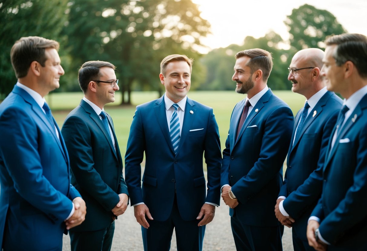 A group of men in formal attire stand together, one in the center with others surrounding him, showing camaraderie and support