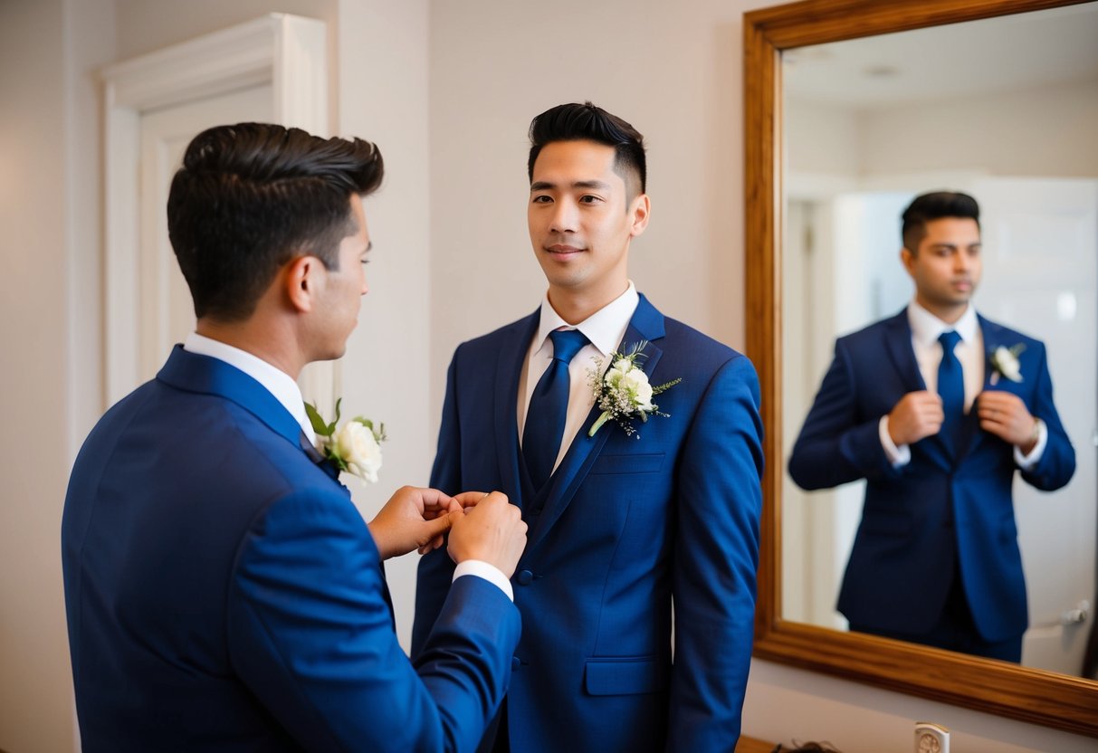 A young groomsman stands in front of a mirror, adjusting his tie and straightening his suit jacket. A boutonniere waits to be pinned on