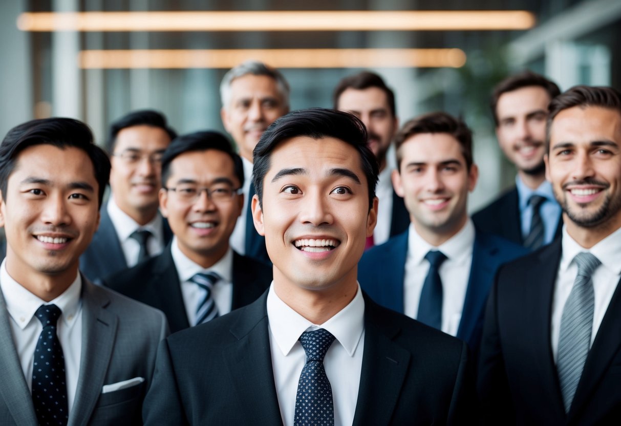 A group of men standing together, dressed in formal attire, with one younger individual looking eager and hopeful