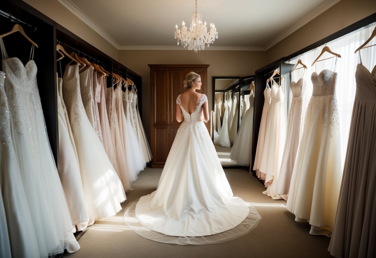 A bride stands surrounded by a collection of elegant wedding dresses in a spacious, sunlit dressing room