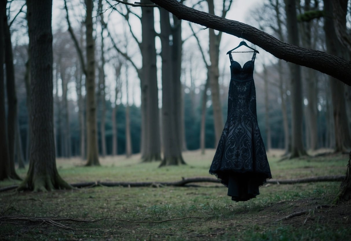 A dark forest clearing with a lone, ornate black wedding dress hanging from a twisted tree branch