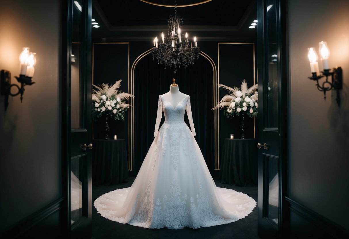A gothic-inspired wedding dress displayed in a dimly lit, elegant venue with black decor and dramatic lighting