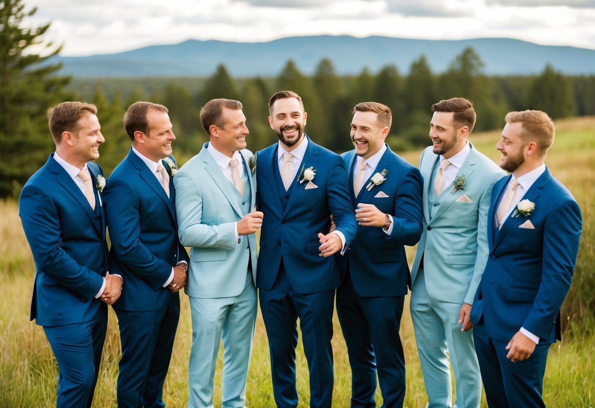 A group of groomsmen standing together, laughing and sharing memories, surrounded by a beautiful natural landscape