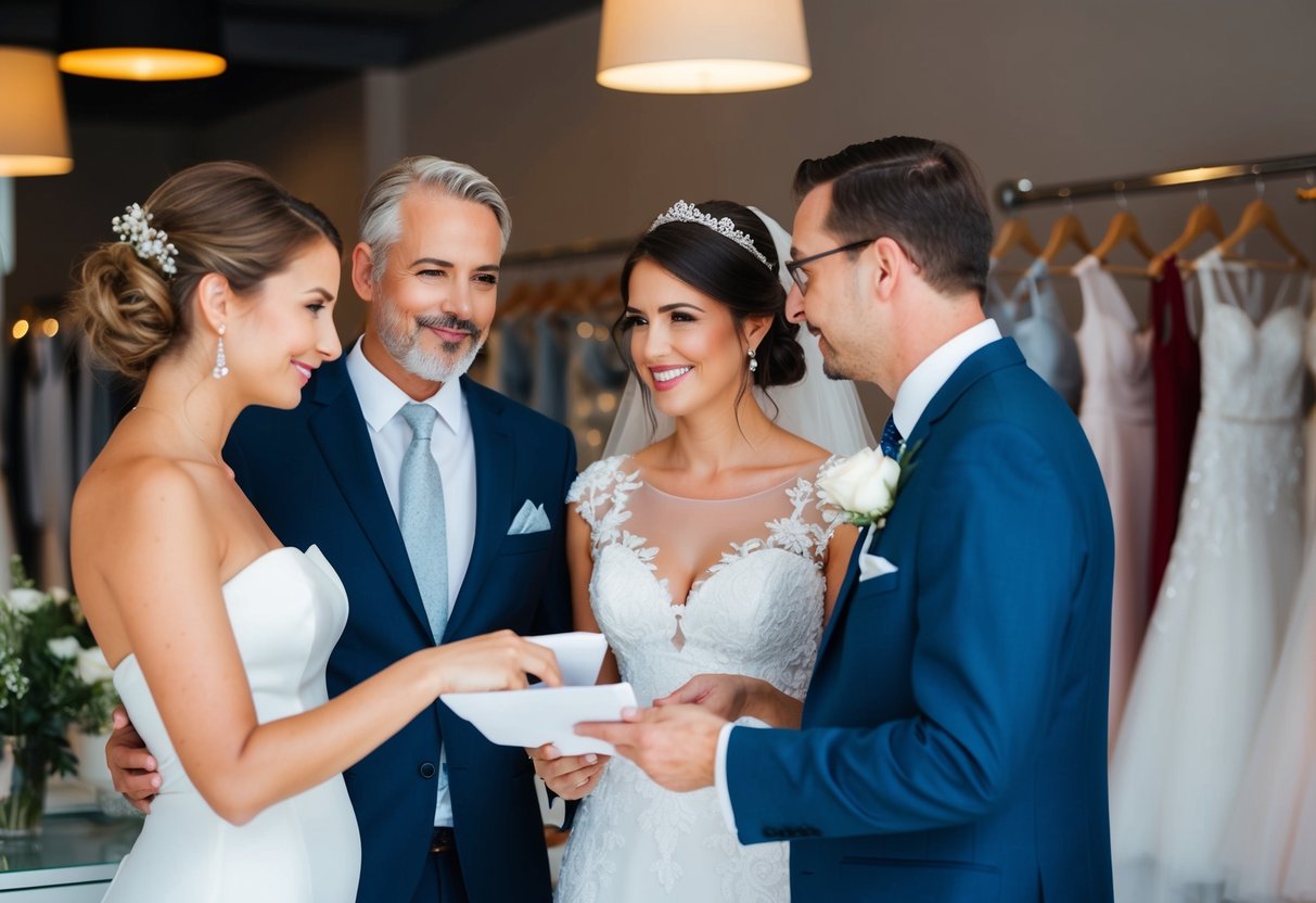 A bride and her family discussing wedding expenses with a dress shop owner