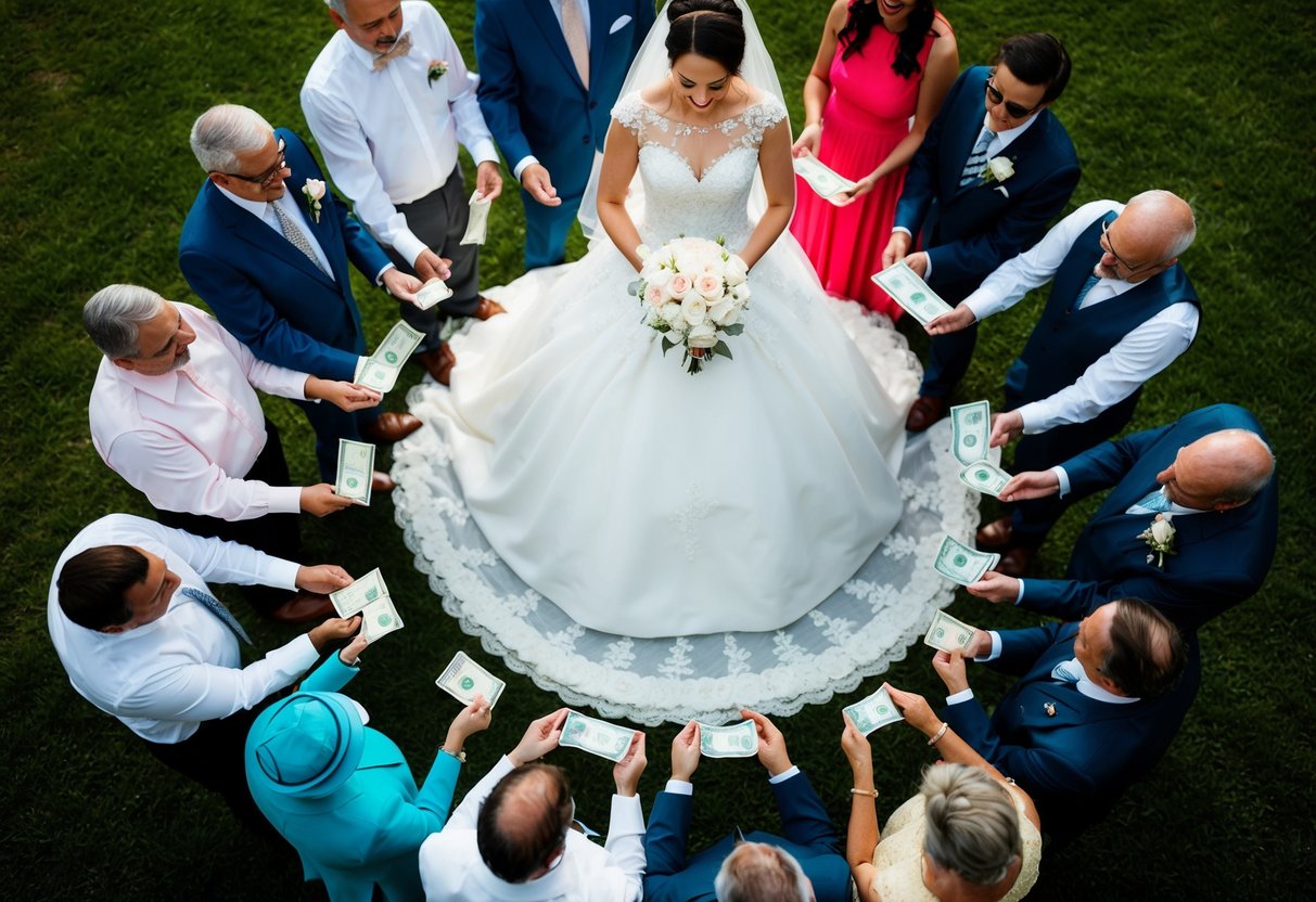 A bride's wedding dress surrounded by a circle of family members and friends, each holding a different form of currency