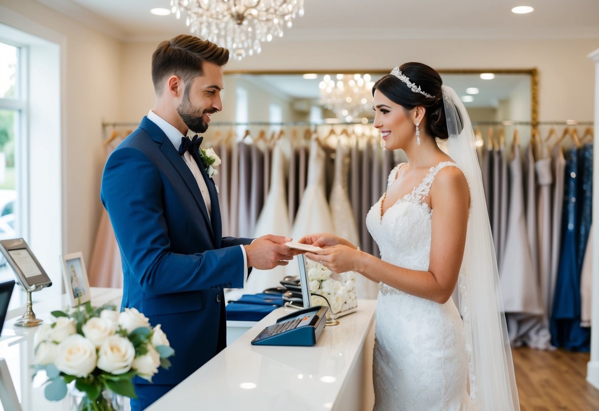 A bride and groom standing at a bridal boutique counter, discussing the payment for the wedding dress