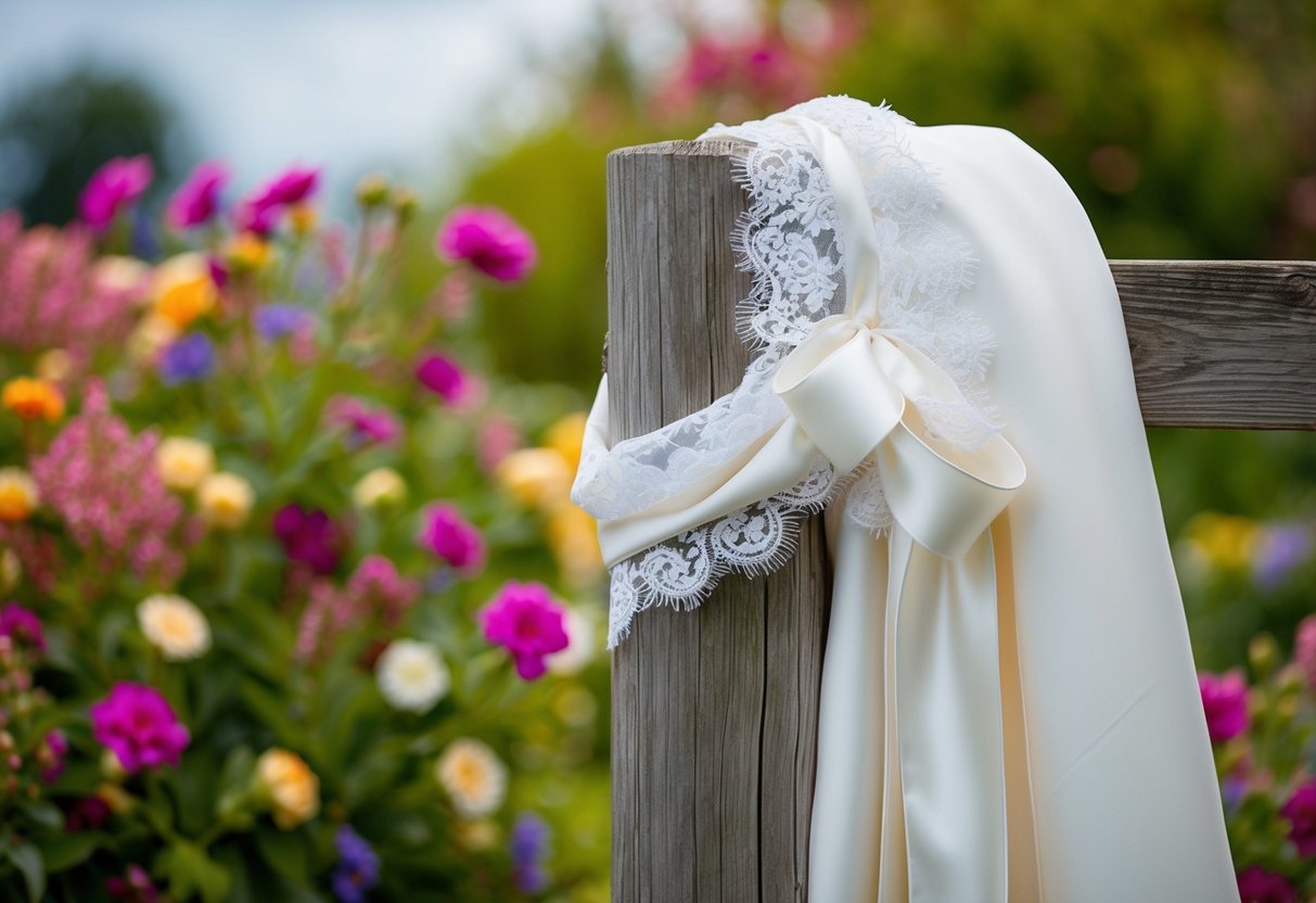 A bridal draped over a wooden fence post, adorned with delicate lace and satin ribbons, set against a backdrop of vibrant flowers and greenery
