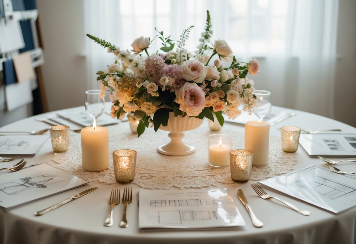 A table set with lace, flowers, and candles, surrounded by sketches and fabric swatches