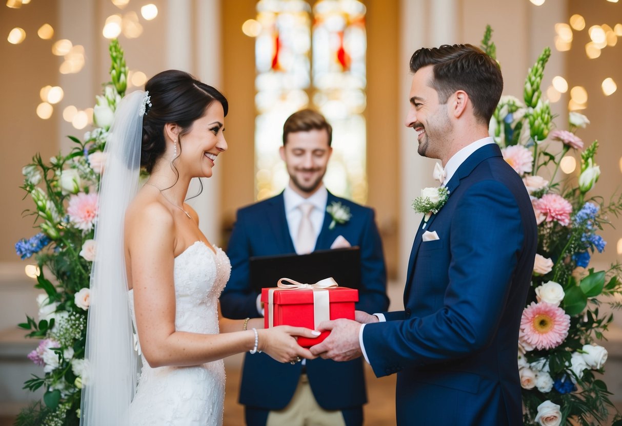 A bride and groom exchanging gifts, surrounded by flowers and symbols of love and affection