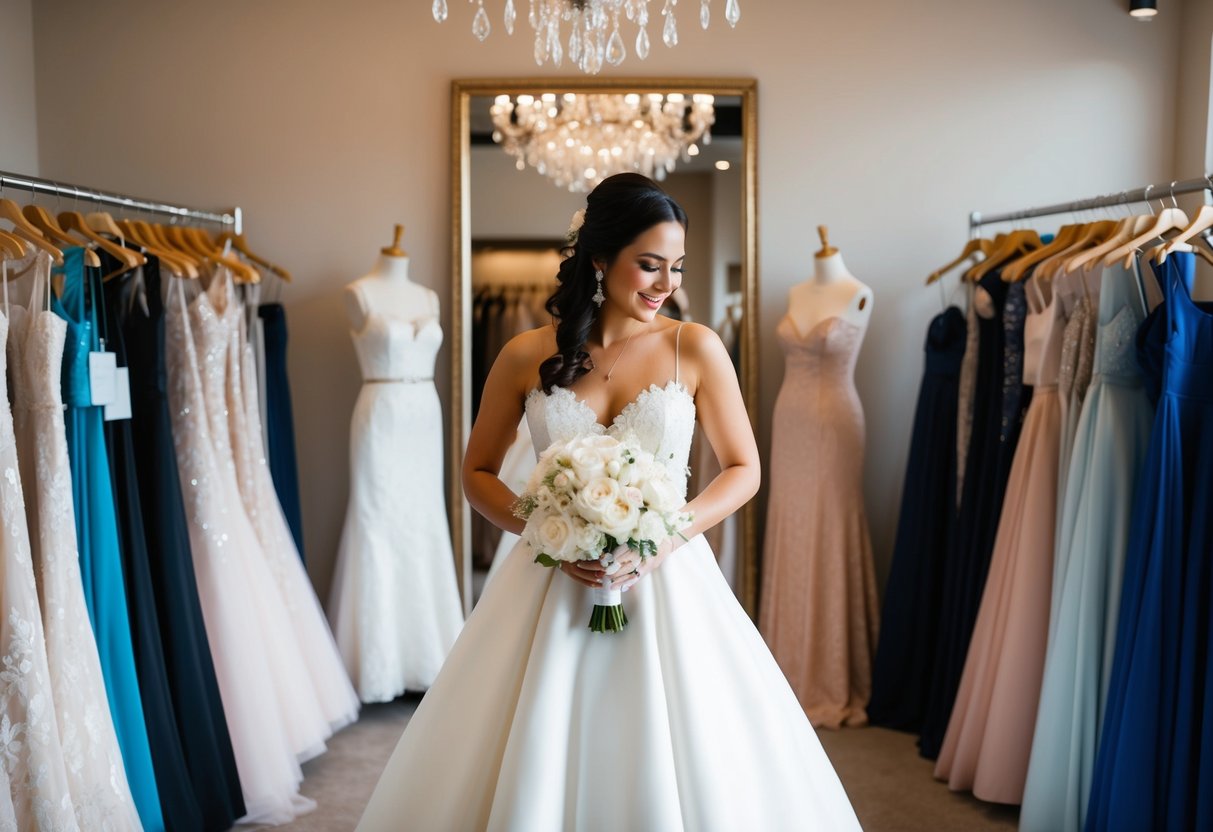 A bride-to-be holding a wedding dress in a boutique, surrounded by racks of gowns and a mirror