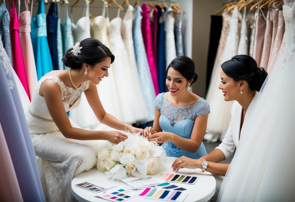 A bride-to-be surrounded by various bridal gown styles, consulting with a wedding consultant and browsing through fabric swatches and design sketches