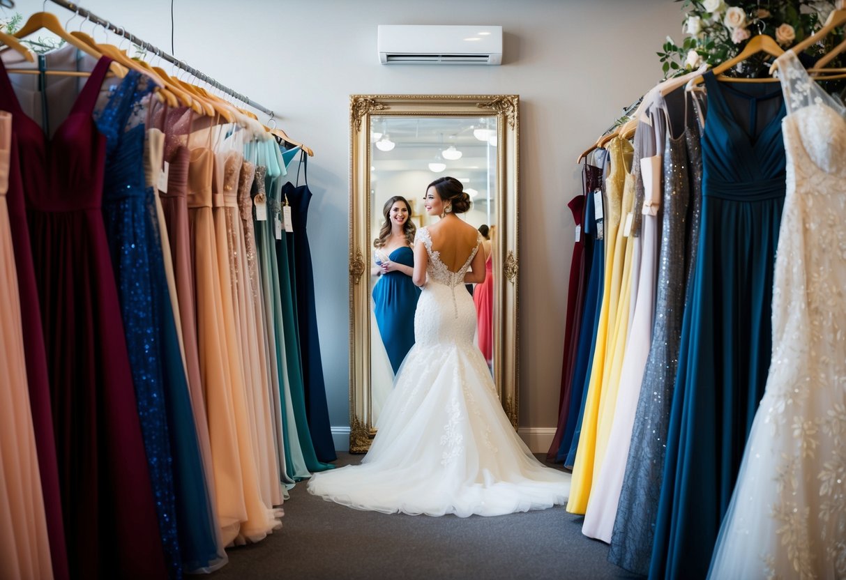 A bride-to-be stands in a bustling wedding dress boutique, surrounded by racks of elegant gowns in various styles and shades. She gazes at herself in the mirror, imagining the perfect dress for her big day
