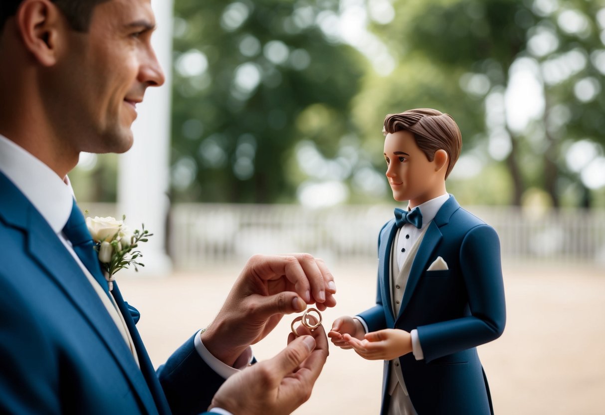 A well-dressed figure stands next to the groom, holding the wedding rings
