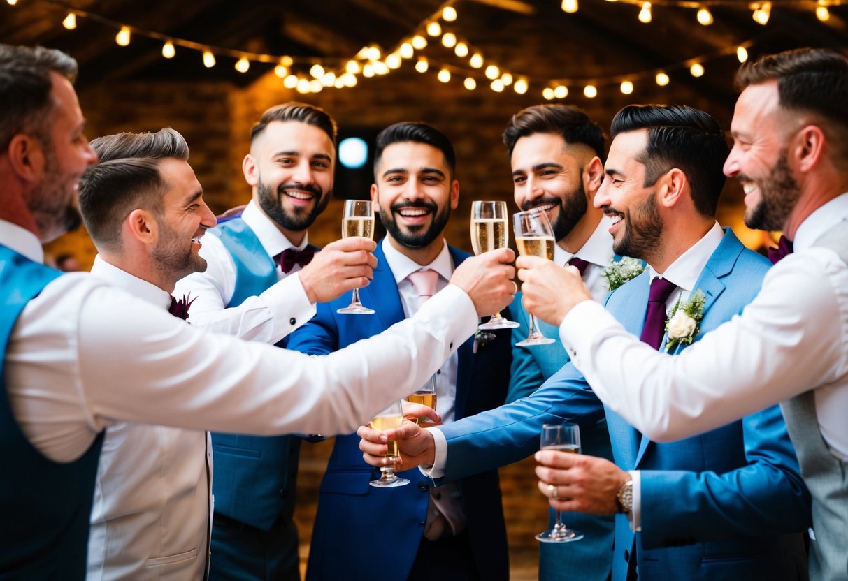A group of men raise a toast to the groom, laughing and celebrating in a festive setting