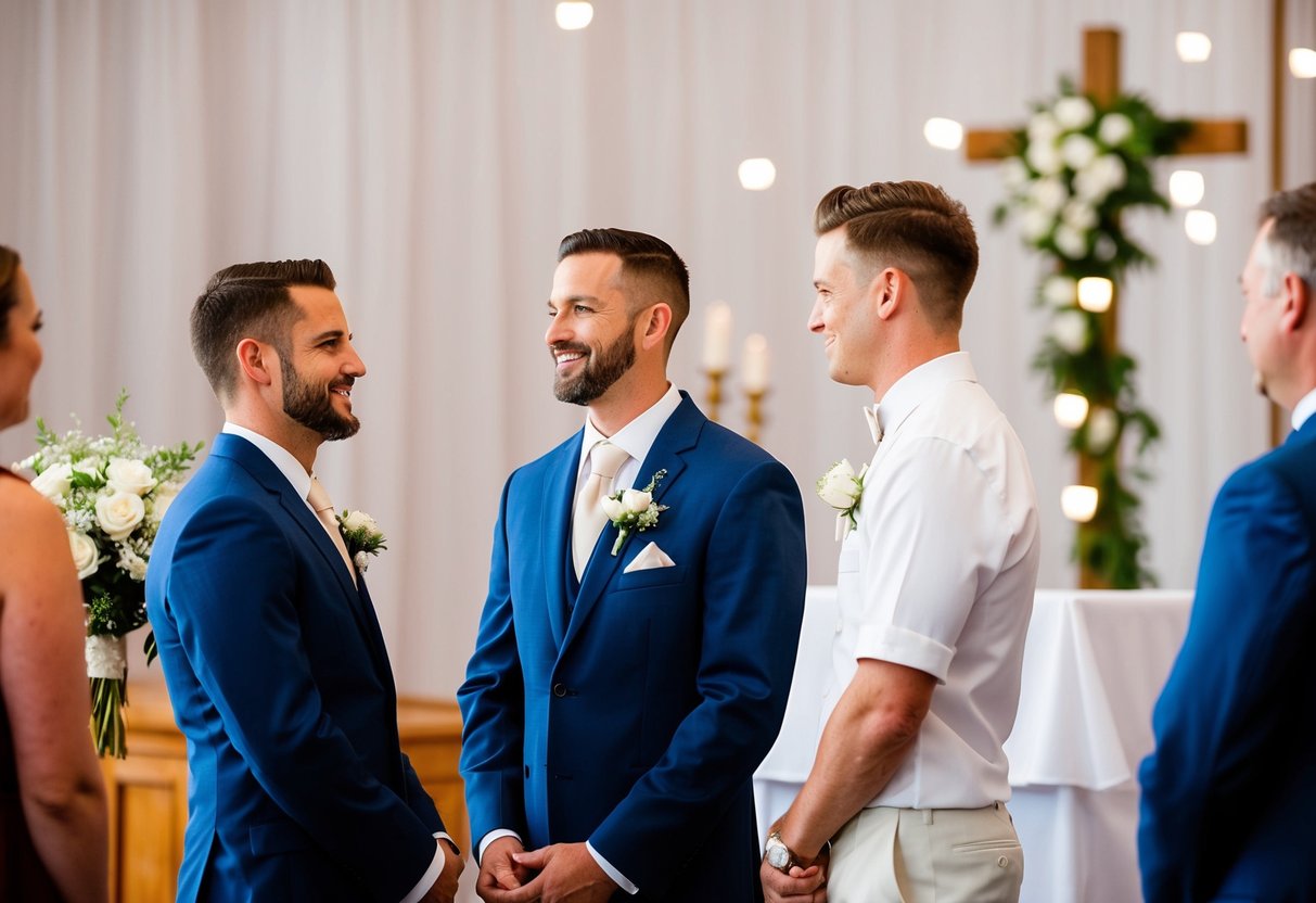 A groom's first man stands beside him at the altar during the wedding ceremony