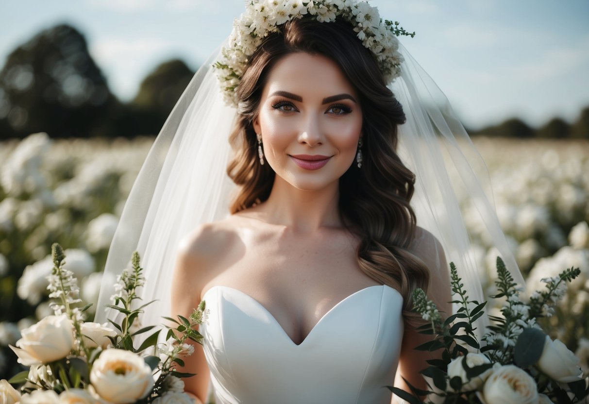 A woman in a white gown surrounded by flowers and a veil