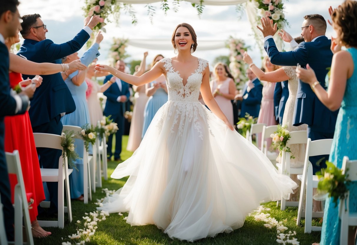 A woman in a flowing white gown, adorned with flowers and lace, stands at the center of a joyous celebration