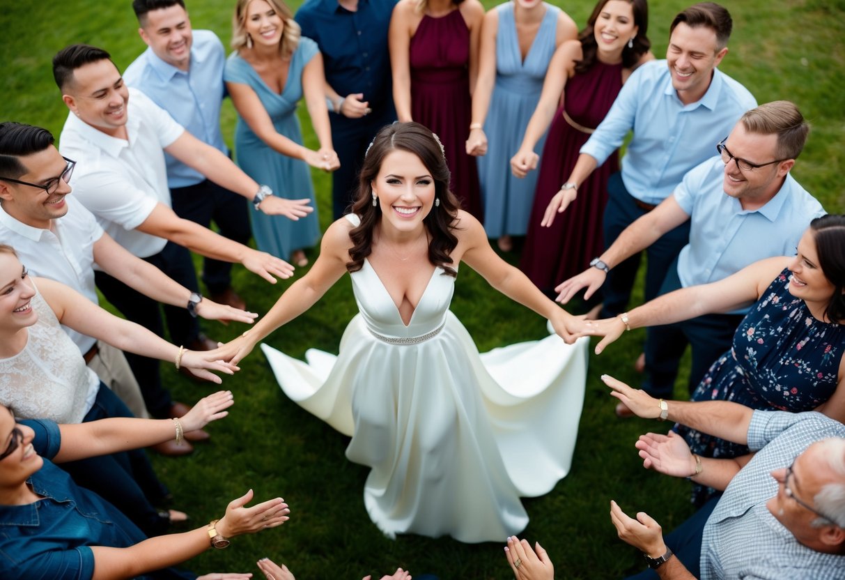 A woman in a flowing white gown stands at the center of a circle of loved ones, all smiling and joyful