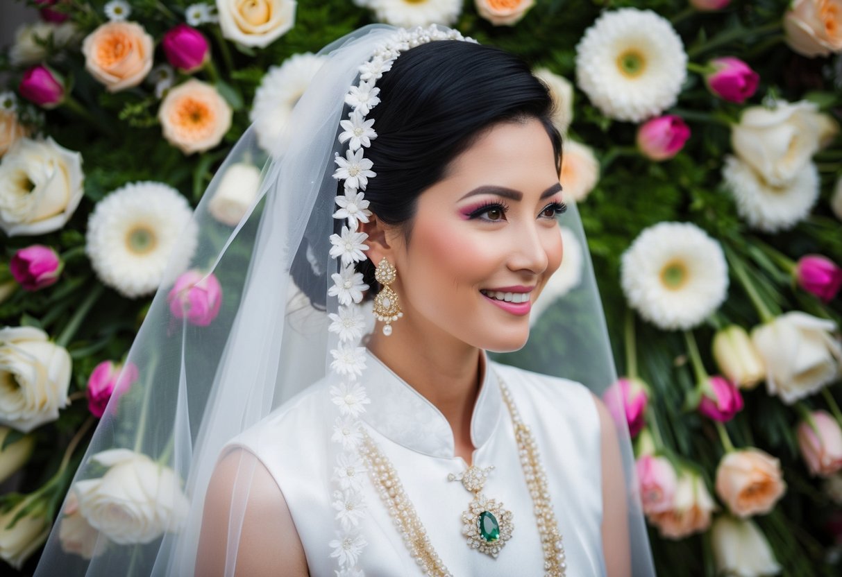 A woman in a traditional white gown and veil, surrounded by flowers and symbols of love and marriage