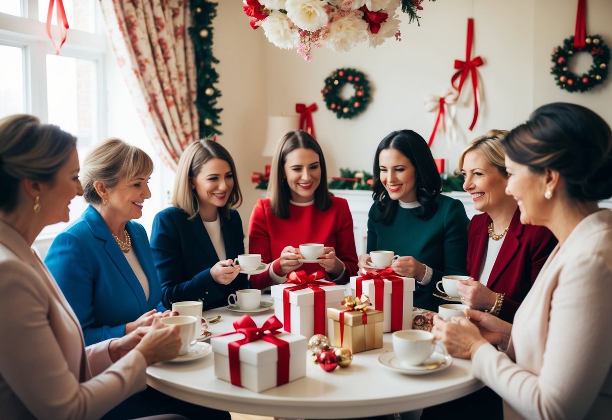 A group of women gather in a decorated room, sipping tea and exchanging gifts. Ribbons and flowers adorn the space, creating a festive atmosphere