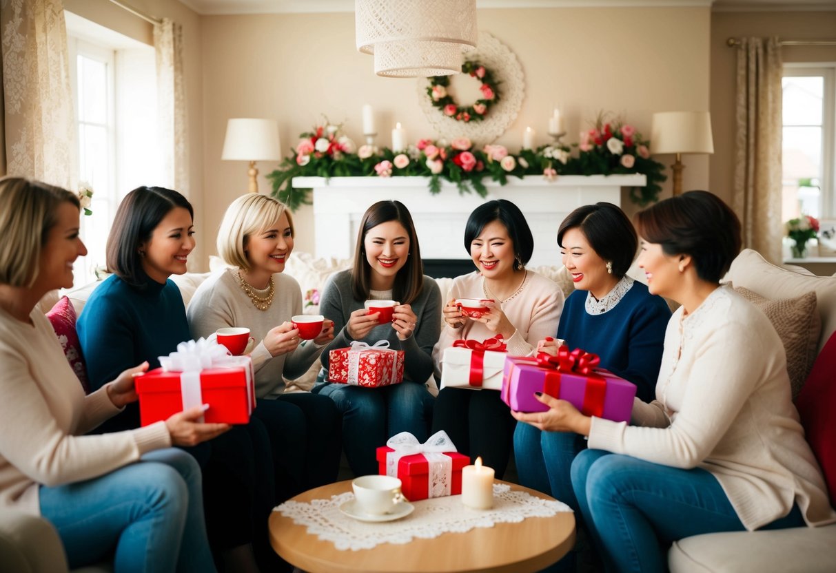 A group of women gather in a cozy living room, sipping tea and exchanging gifts. Decorations of flowers and lace adorn the room, creating a warm and celebratory atmosphere