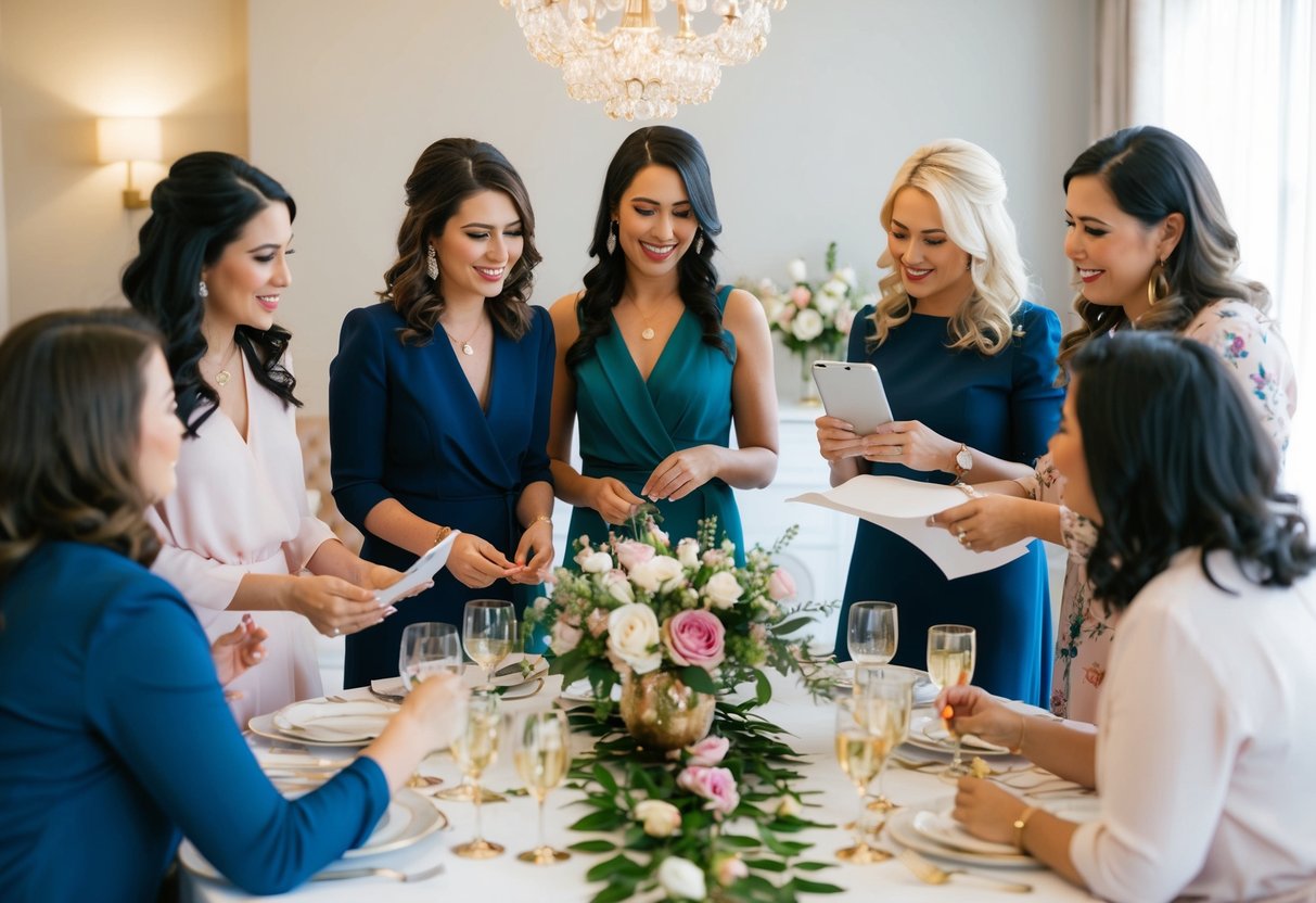 A group of women gather around a table adorned with flowers and decorations, planning a bridal shower. They discuss ideas and make arrangements for the event