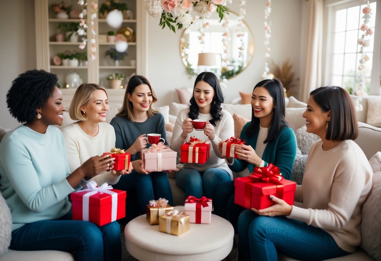 A group of women gather in a cozy living room, sipping tea and exchanging gifts. Decorations of delicate flowers and ribbons adorn the space