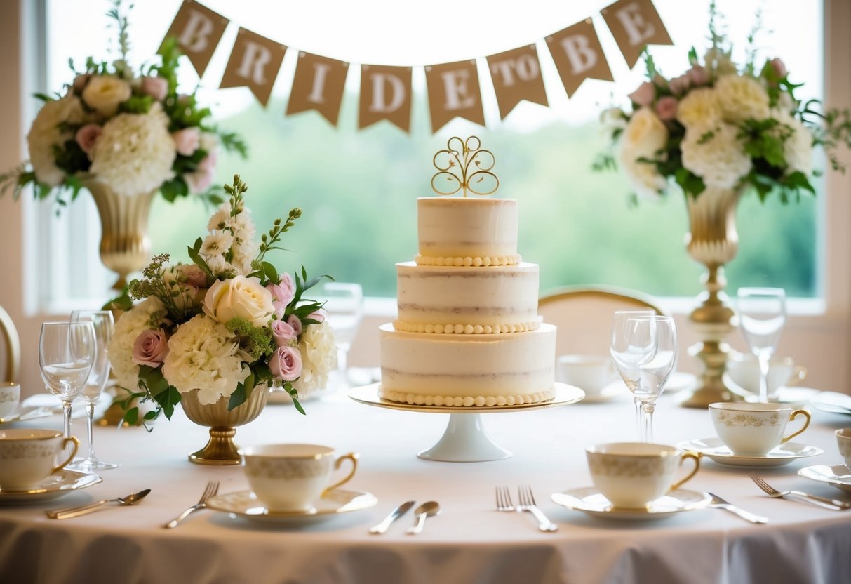 A table set with elegant tea cups, a tiered cake stand, and floral centerpieces. A banner with "Bride-to-Be" hangs above
