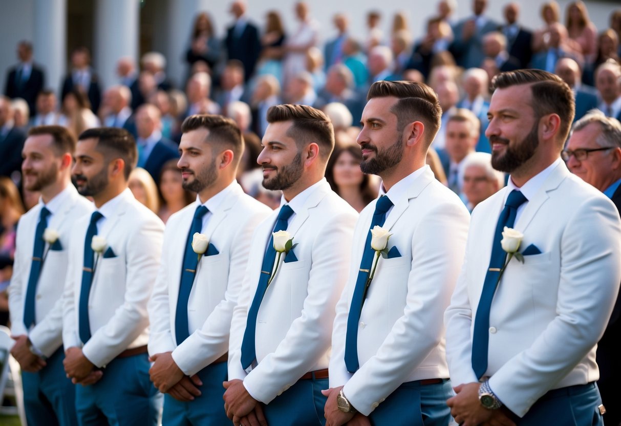 A group of six groomsmen standing in a line, each holding a single white rose, while a crowd of 150 people look on in the background