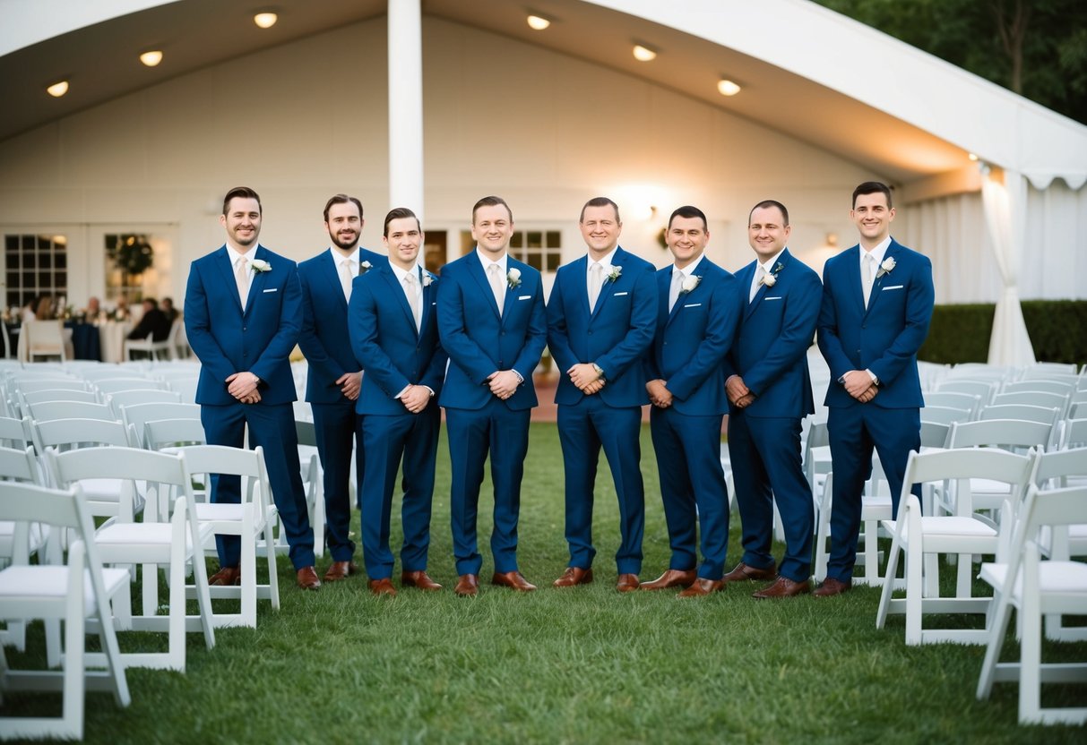 A group of groomsmen standing in a line, with a wedding venue in the background, surrounded by 150 chairs