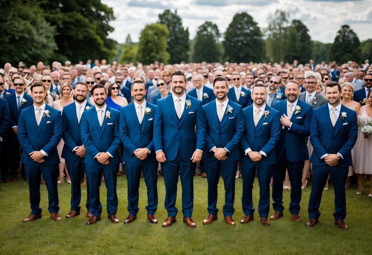 A group of groomsmen standing in a line, with the groom in the middle, surrounded by a crowd of 150 wedding guests