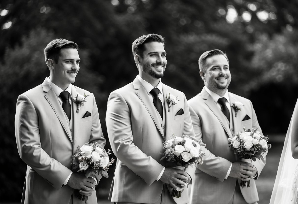 Three groomsmen stand in a line, each holding a bouquet. They are dressed in matching suits and smiling as they await the bride's arrival