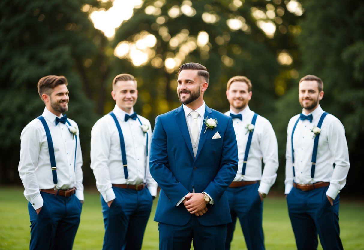 A groom standing with three groomsmen, considering the size of the wedding party