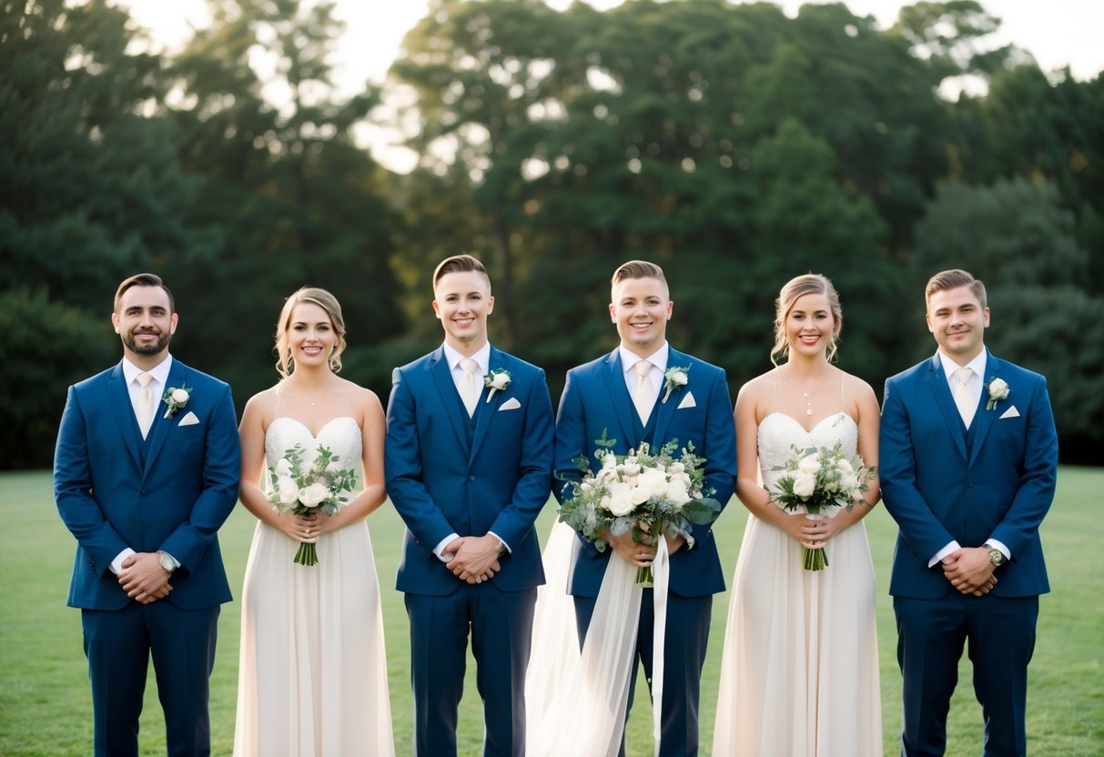 A group of three groomsmen and three bridesmaids standing in a line, with the groomsmen on one side and the bridesmaids on the other, creating a balanced and symmetrical composition