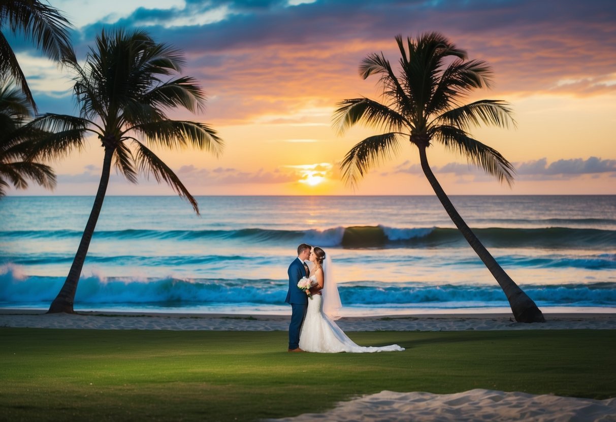 A beach wedding at sunset: palm trees sway in the breeze, waves crash on the shore, and a colorful sky creates a romantic backdrop