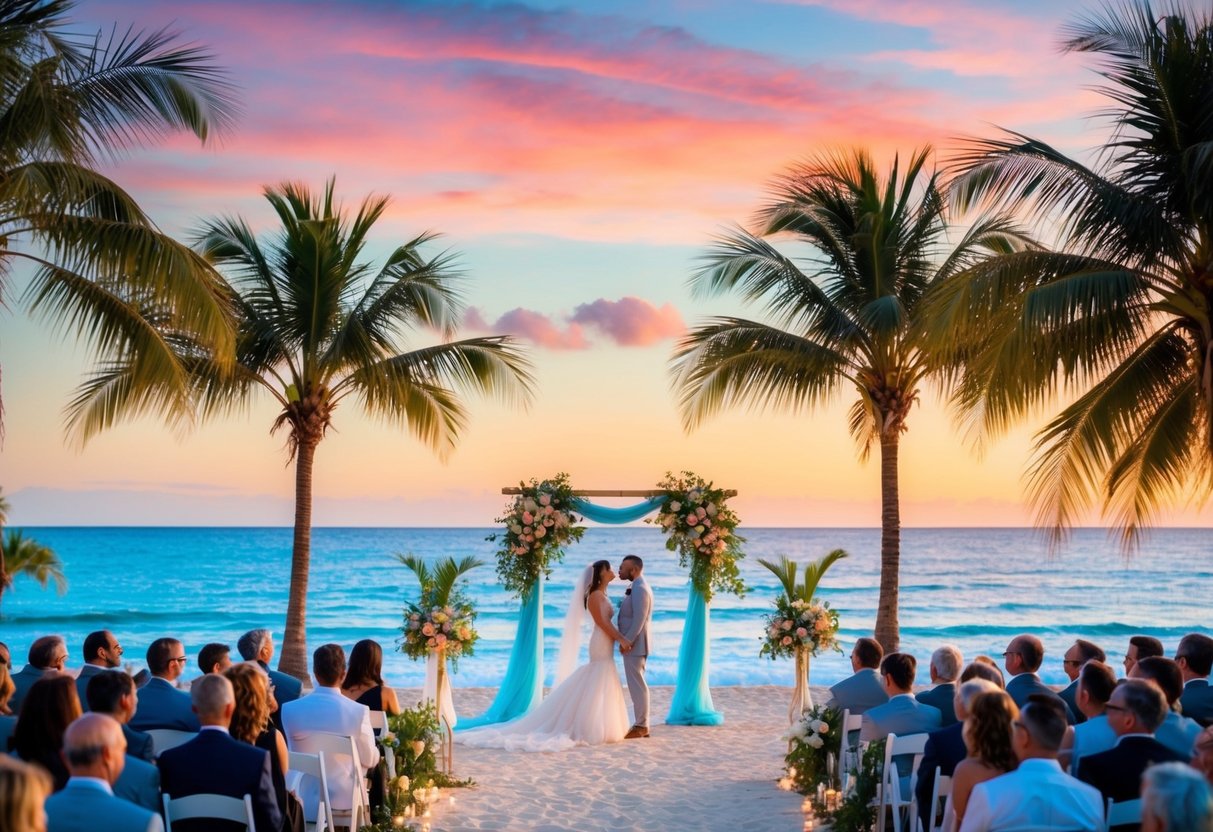 A serene beach ceremony with palm trees, a colorful sunset, and a picturesque ocean backdrop
