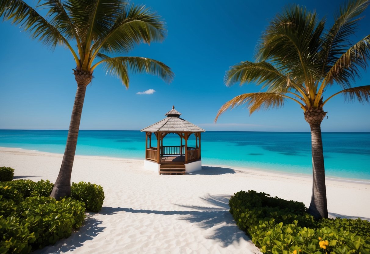 A picturesque beach with a gazebo and palm trees, overlooking the crystal-clear ocean under a bright blue sky