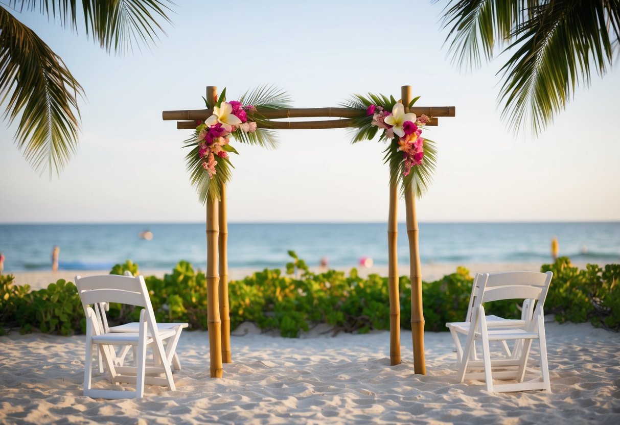 A serene beach with a simple bamboo arch adorned with tropical flowers, surrounded by white folding chairs in the sand