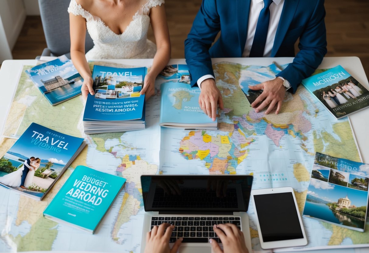 A couple sits at a table covered in travel brochures and wedding magazines, surrounded by maps and a laptop. They are discussing their dream destination for a budget-friendly wedding abroad