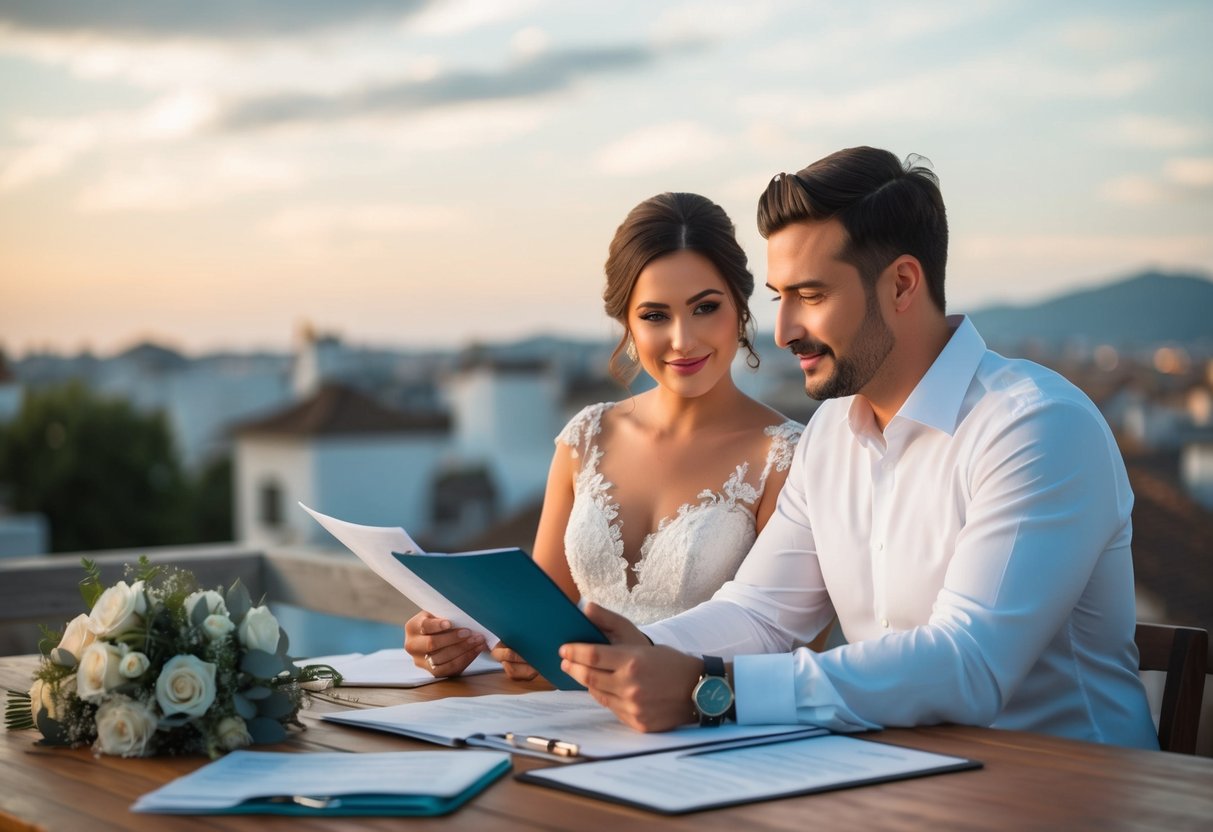 A couple researching destination wedding venues, consulting legal and logistical documents, and budget planning abroad