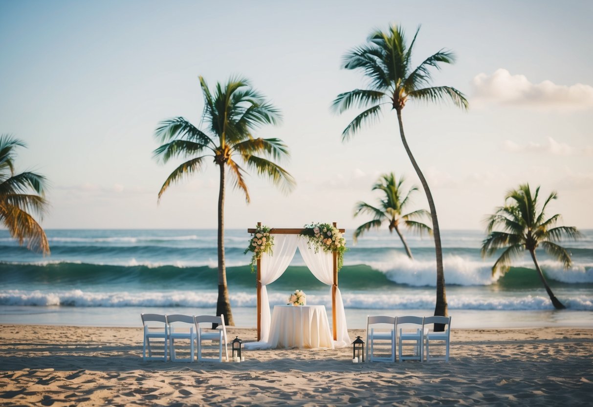 A beach with a small wedding setup, surrounded by waves and palm trees