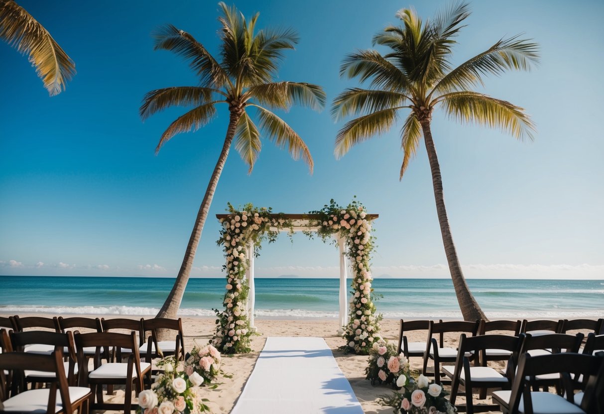 A serene beach with a flower-adorned altar under a clear blue sky, surrounded by palm trees and gentle waves, setting the stage for a destination wedding