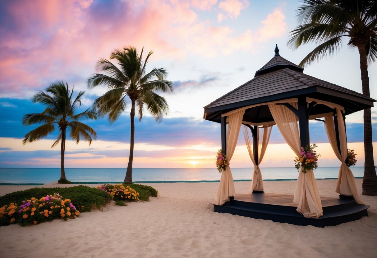 A serene beach setting with a beautiful sunset, palm trees, and a gazebo adorned with flowers and flowing fabric