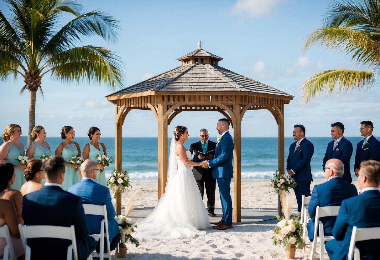 A beach wedding with palm trees, a gazebo, and an ocean backdrop. A bride and groom exchange vows as guests look on