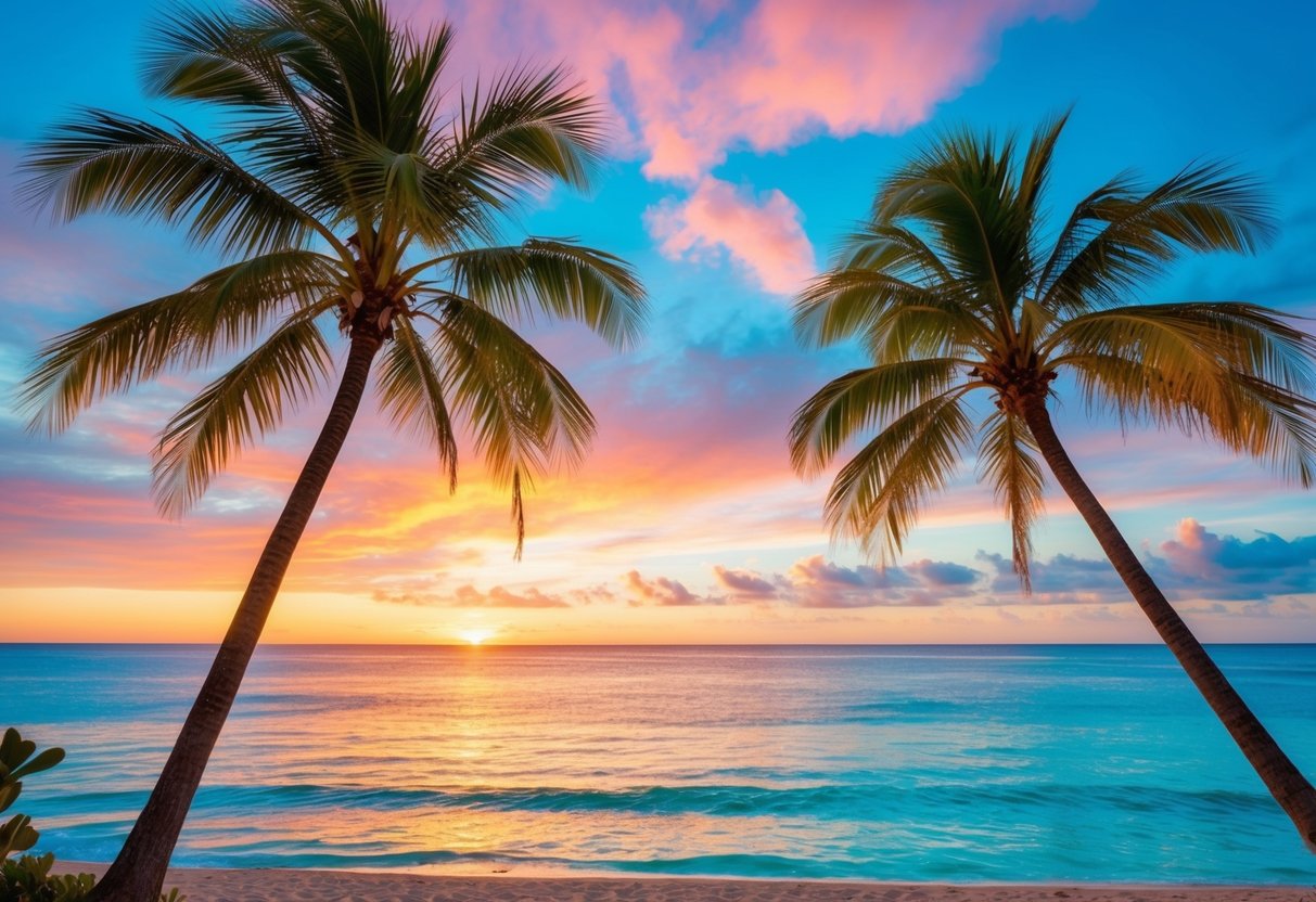 A vibrant sunset beach with palm trees, a clear blue ocean, and a colorful sky