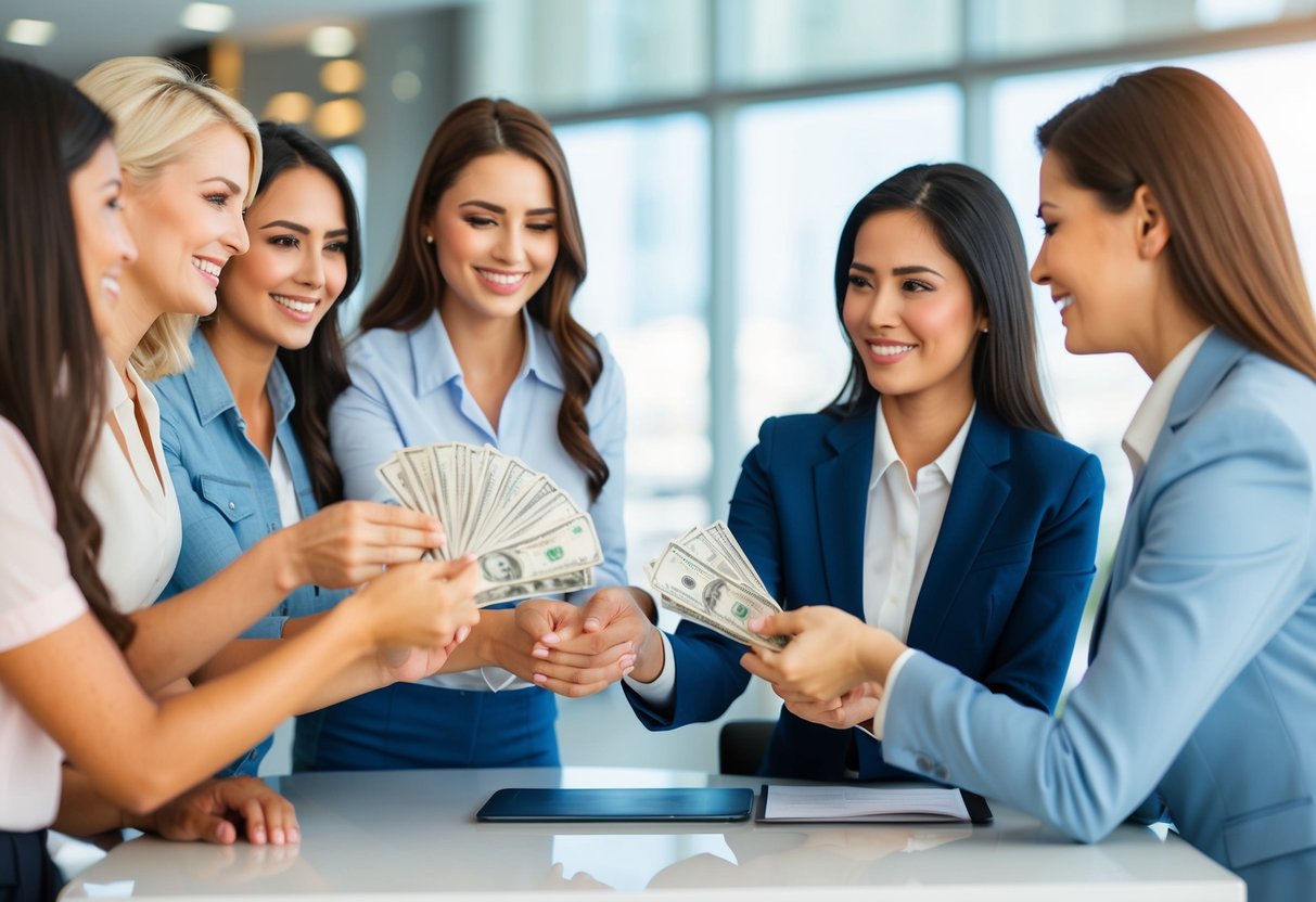 A group of women pooling money together and handing it to a travel agent at a desk