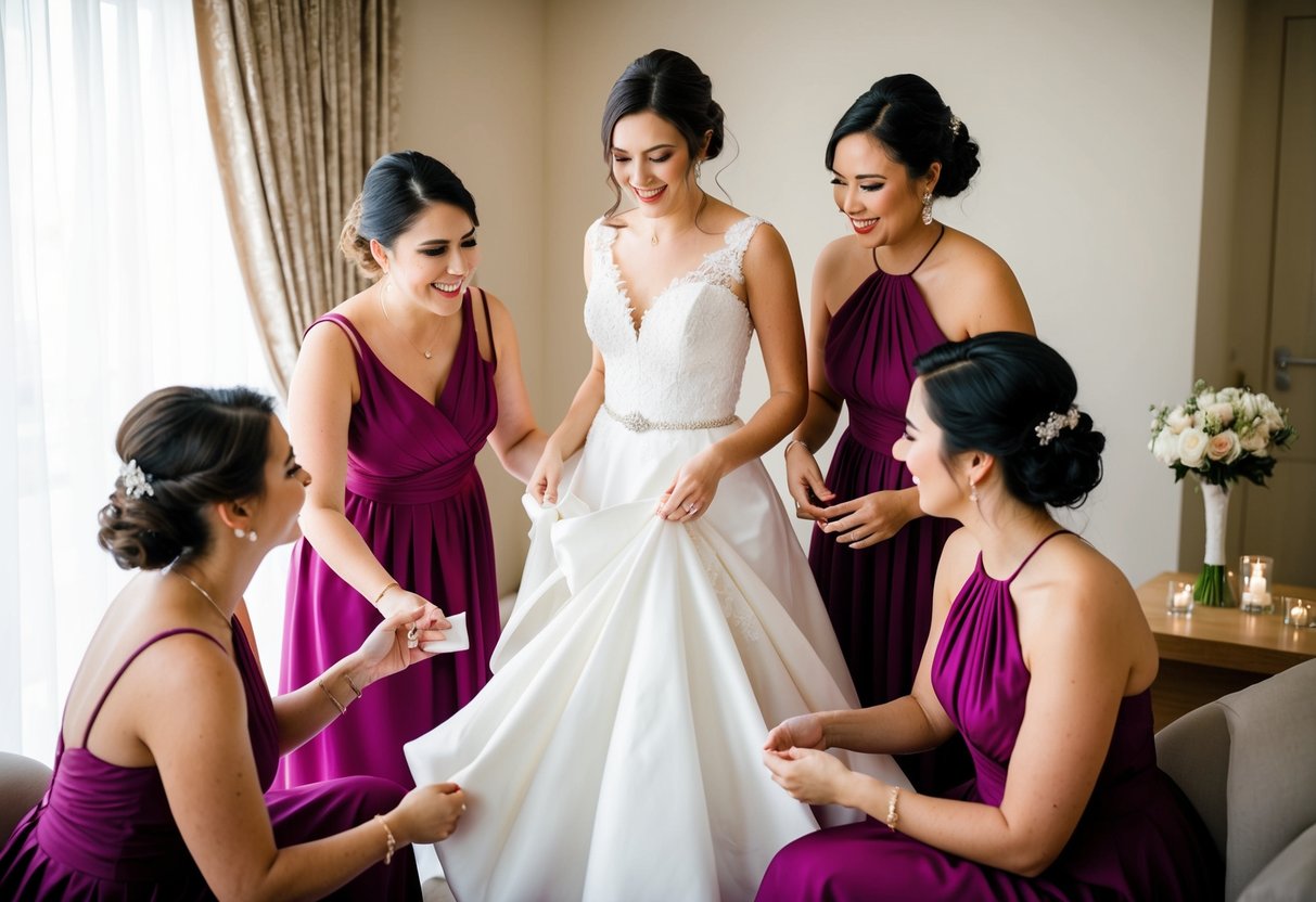 A group of bridesmaids gather around the bride, helping her with her dress and accessories, while discussing wedding details